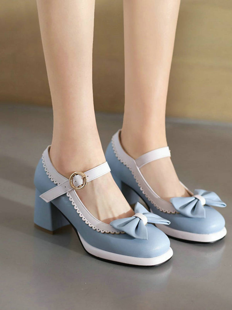 Bowknot Chunky Heels Mary Jane Shoes | Retro Stage