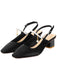 Black Velvet Satin Pearl Chunky Heel Shoes
