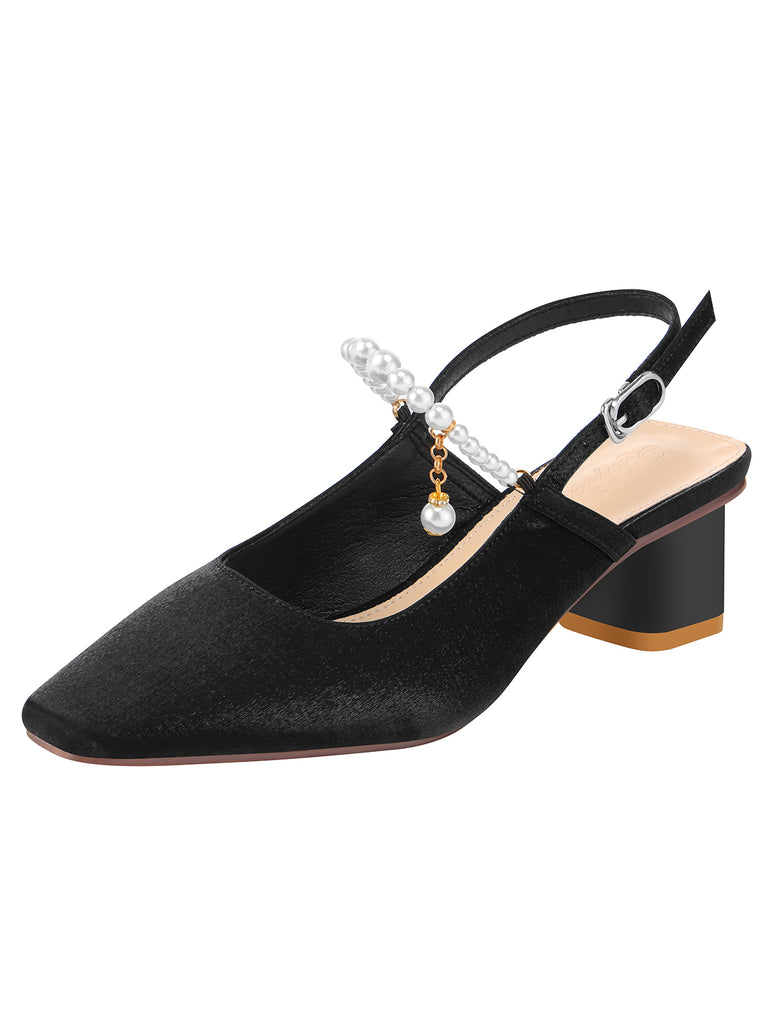 Black Velvet Satin Pearl Chunky Heel Shoes