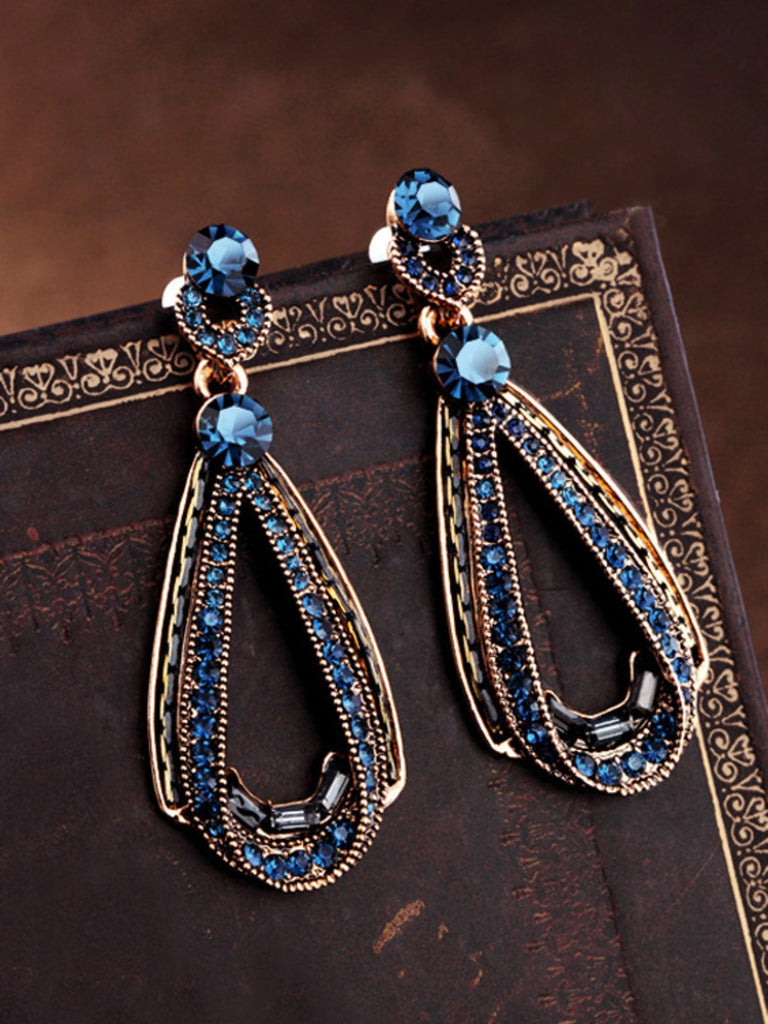 Blue Rhinestone Hollow Out Dangle Earrings