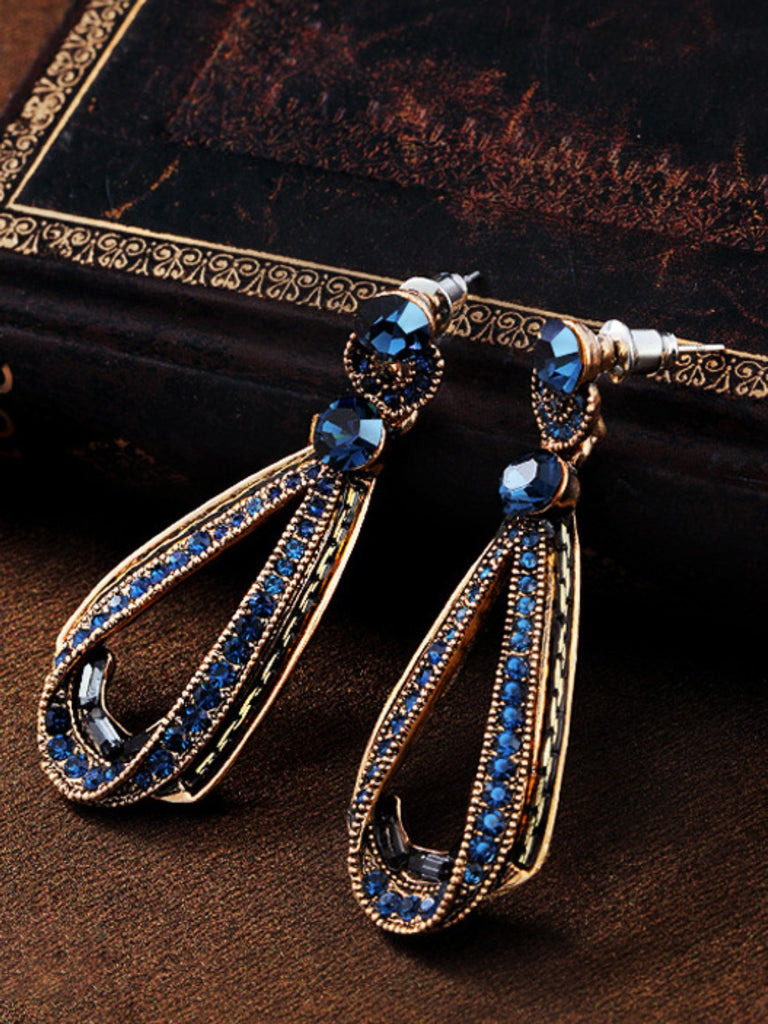 Blue Rhinestone Hollow Out Dangle Earrings