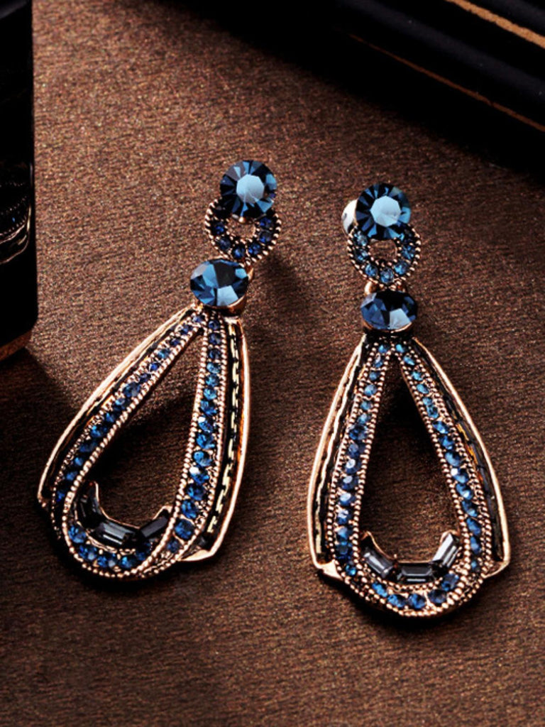 Blue Rhinestone Hollow Out Dangle Earrings