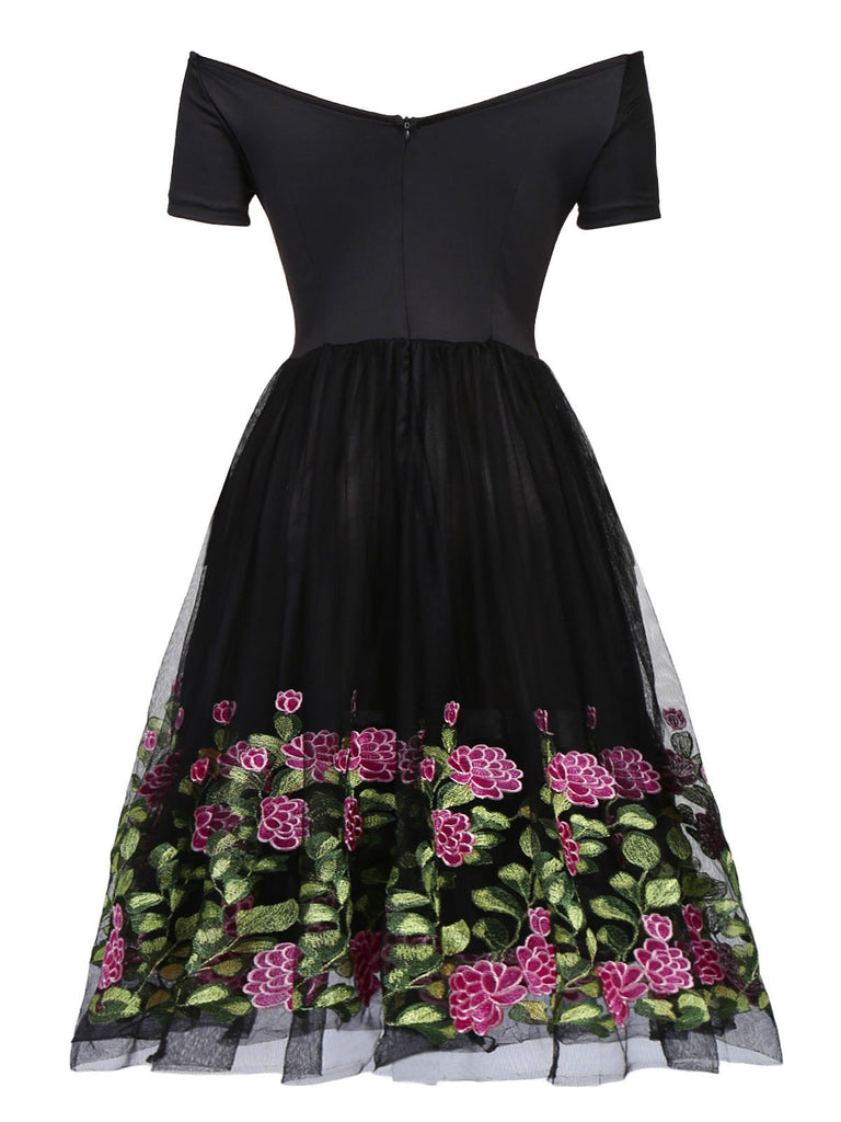 Black 1950s Peony Embroidery Dress