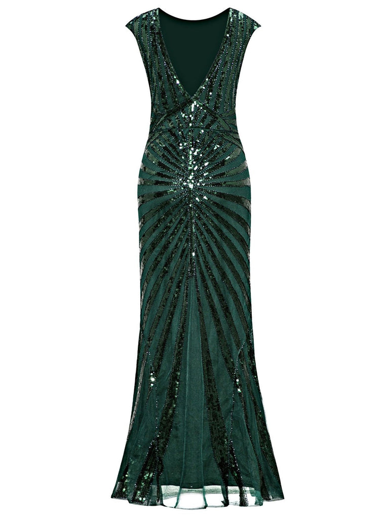 [US Warehouse] Green 1920s Sequin Art Deco Maxi Dress