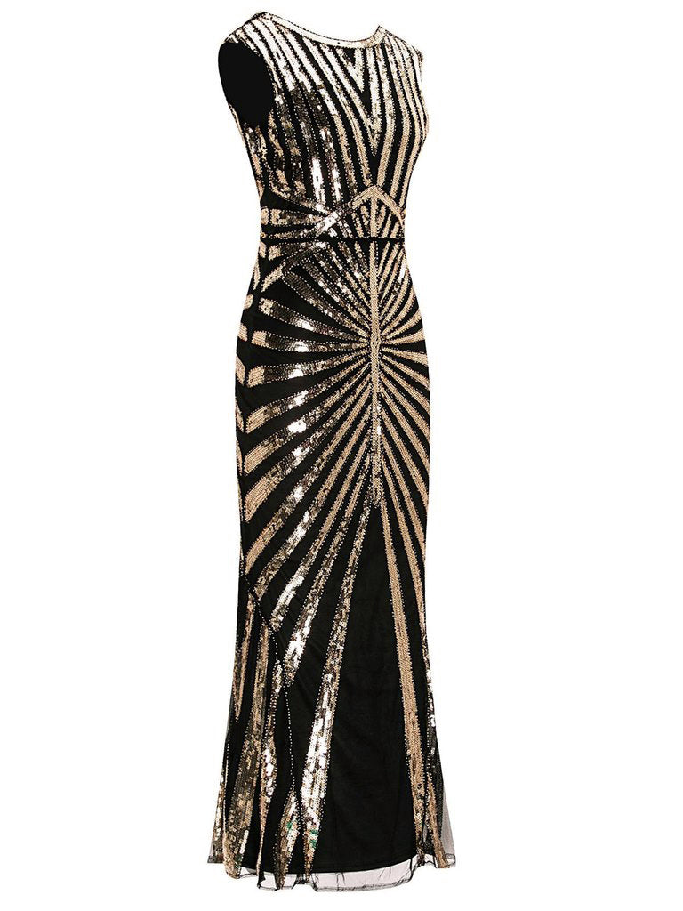 [US Warehouse] Gold 1920s Sequin Art Deco Maxi Dress