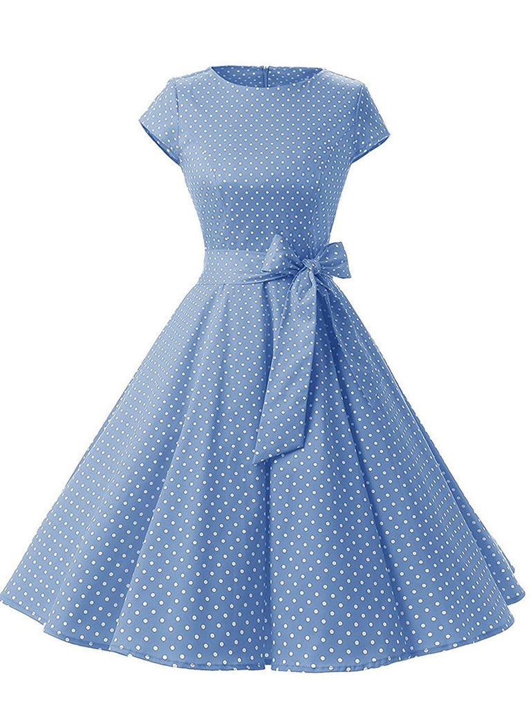 US Only Blue 1950s Polka Dot Swing Dress