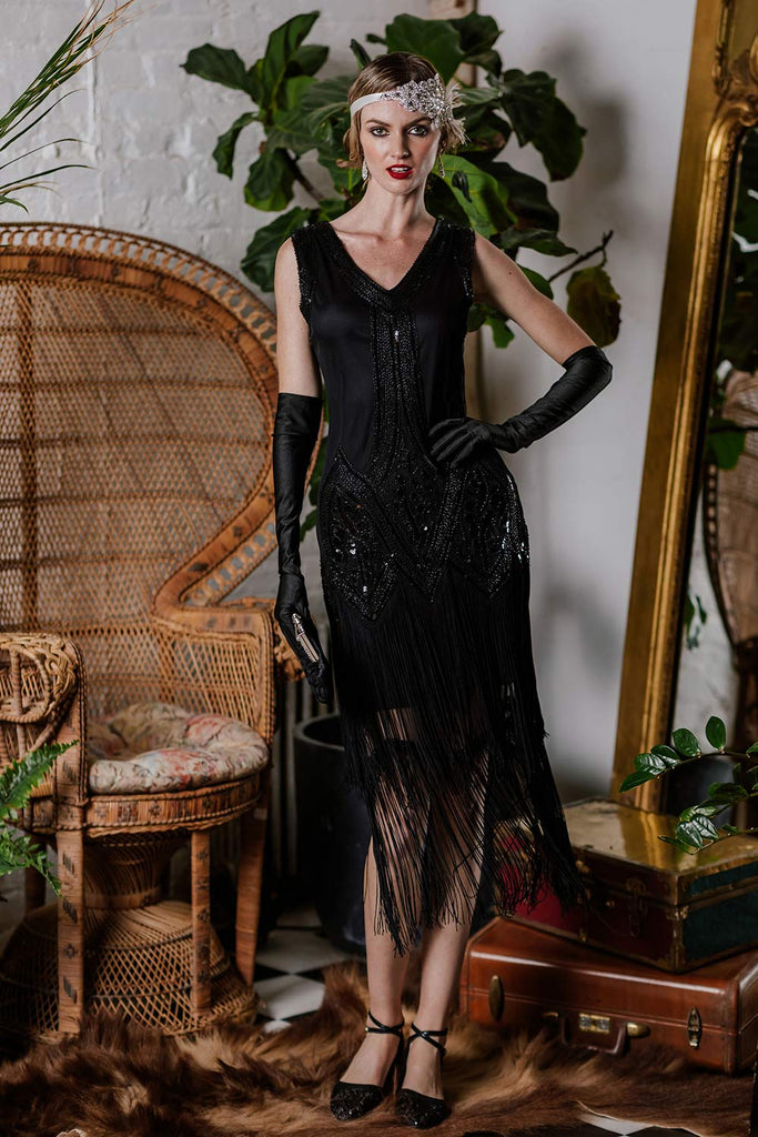 Black 1920s Beaded Fringed Flapper Dress