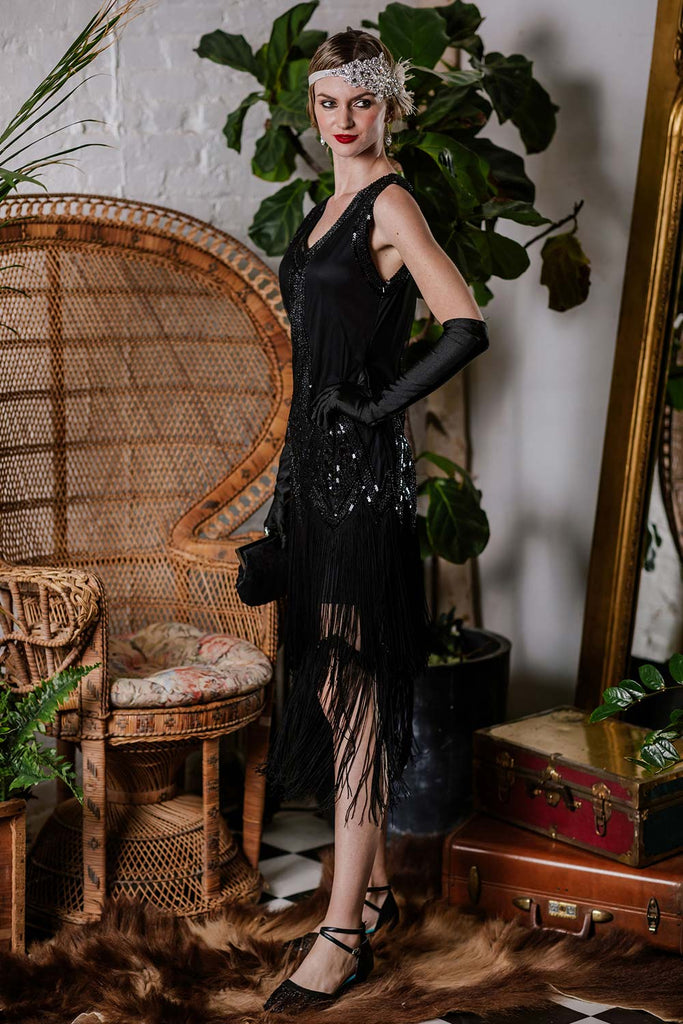 [US Warehouse] Black 1920s Beaded Fringed Flapper Dress