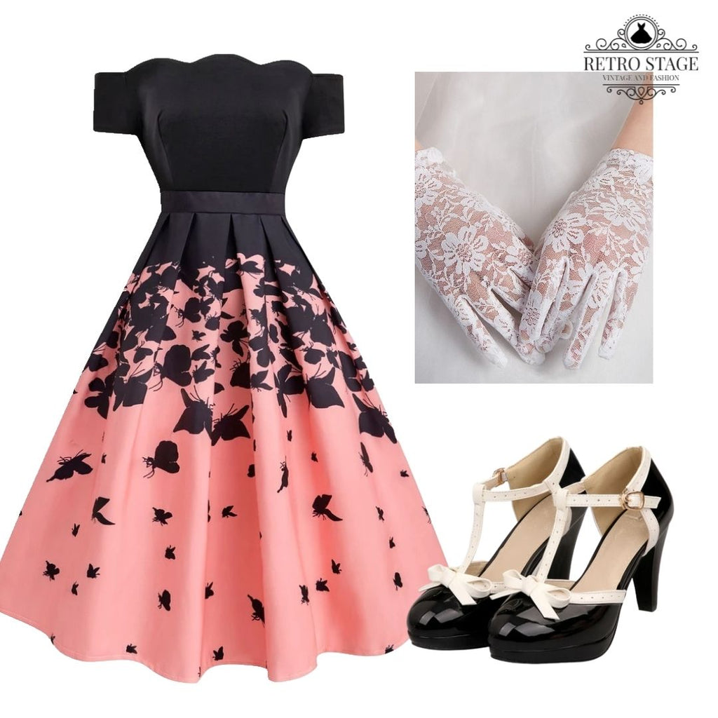 Black 1950s Butterfly Swing Dress
