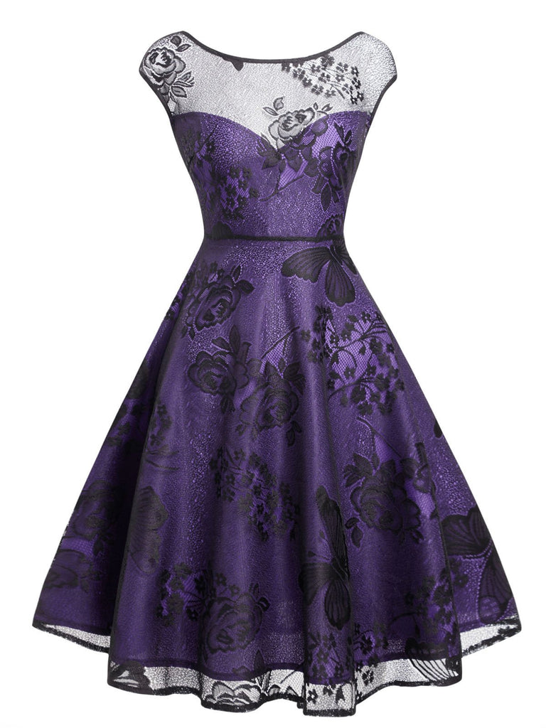 Purple 1950s Mesh Floral Swing Dress