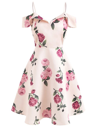 Pink 1950s Floral Spaghetti Strap Dress