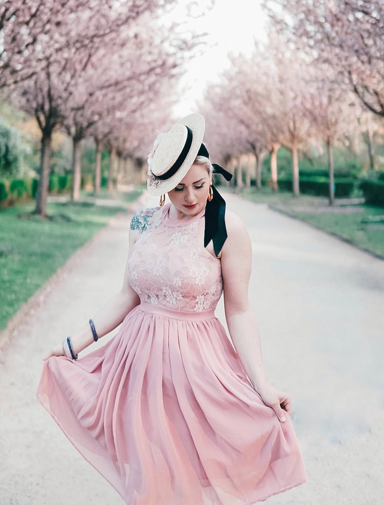 Pink 1950s Floral Lace Swing Dress