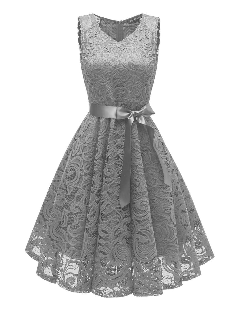 1950s Lace V Neck Bow Dress
