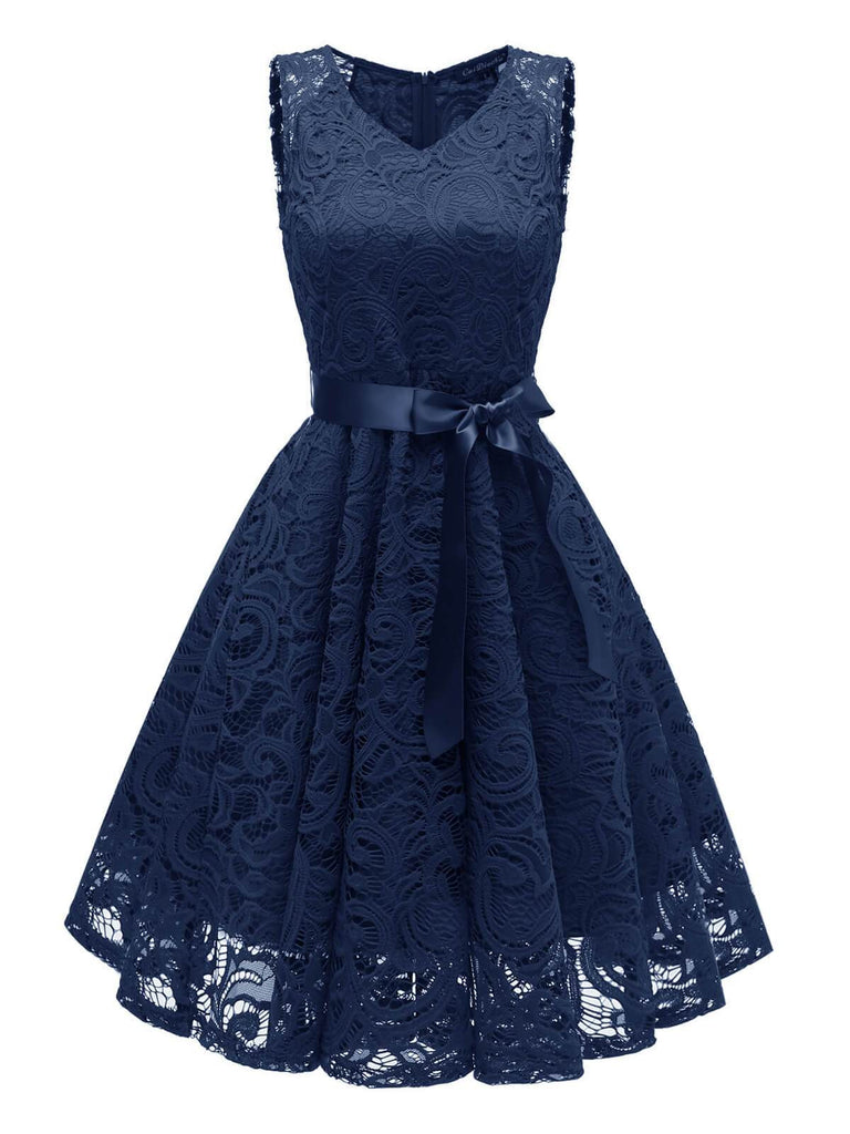 1950s Lace V Neck Bow Dress