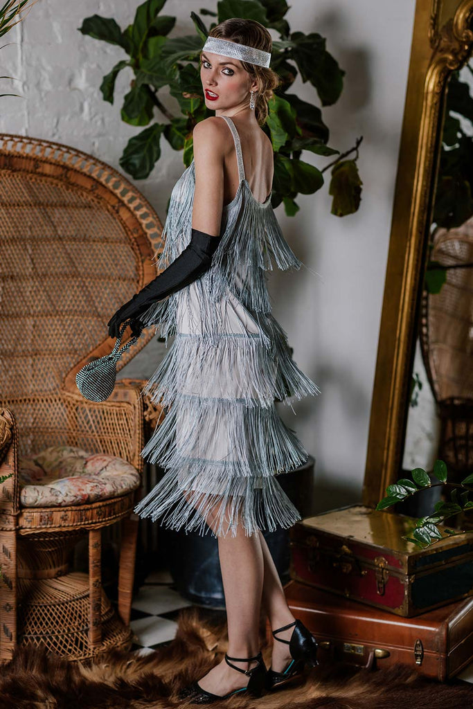 [Clearance] Belted Gray 1920s Fringe Gatsby Dress-US Warehouse