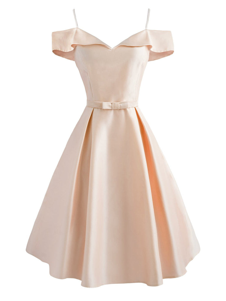 1950s Cold Shoulder Satin Bow Dress