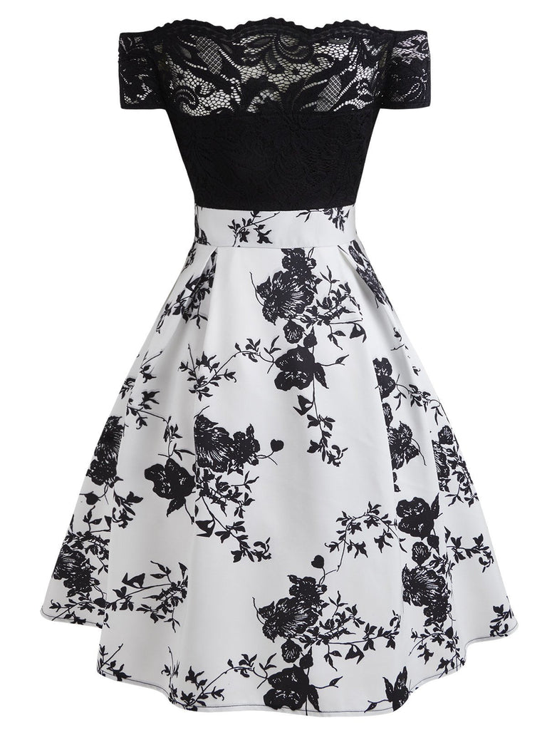 White 1950s Floral Off Shoulder Lace Dress