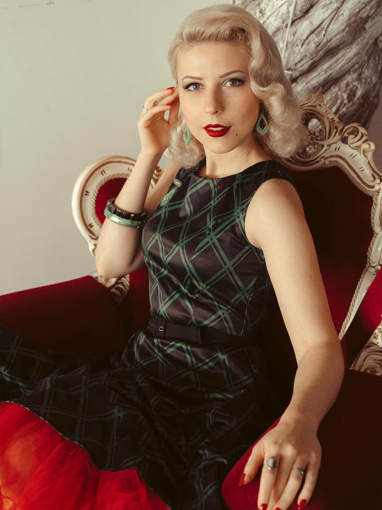 Green 1950s Plaid Belted Swing Dress