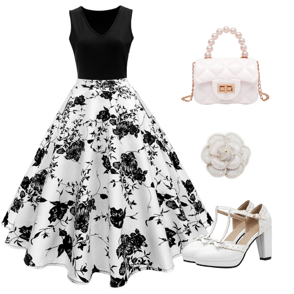Black 1950s Floral Swing Dress