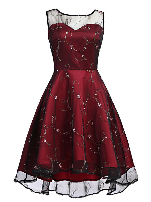 Retro Stage Hi-Lo A-Line Cocktail Lace Floral Dress Wine Red,L