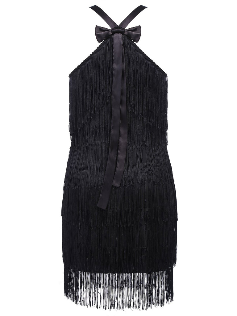 [US Warehouse] Black 1920s Back Bow Tassel Flapper Dress