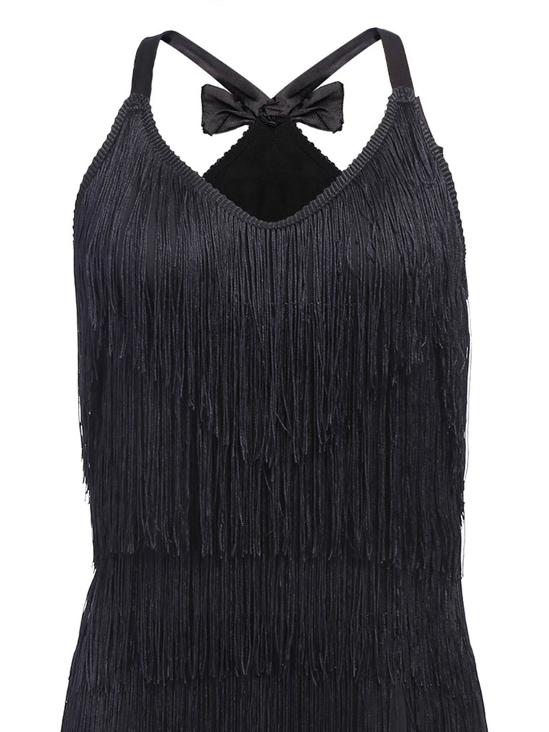 Black 1920s Back Bow Tassel Flapper Dress | Retro Stage
