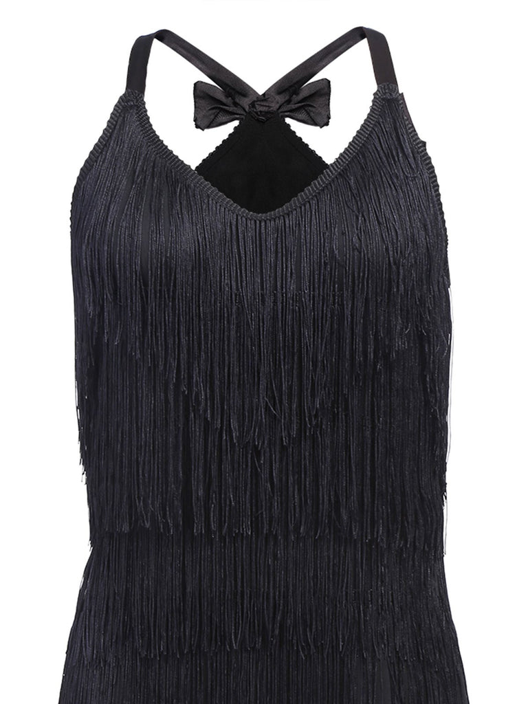 [US Warehouse] Black 1920s Back Bow Tassel Flapper Dress