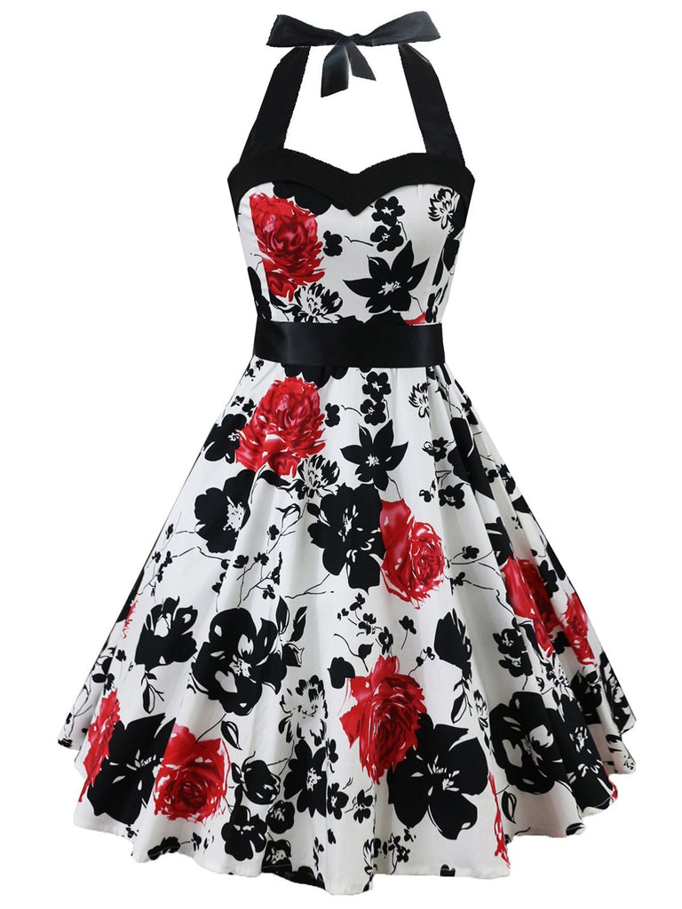 White 1950s Floral Halter Swing Dress Retro Stage