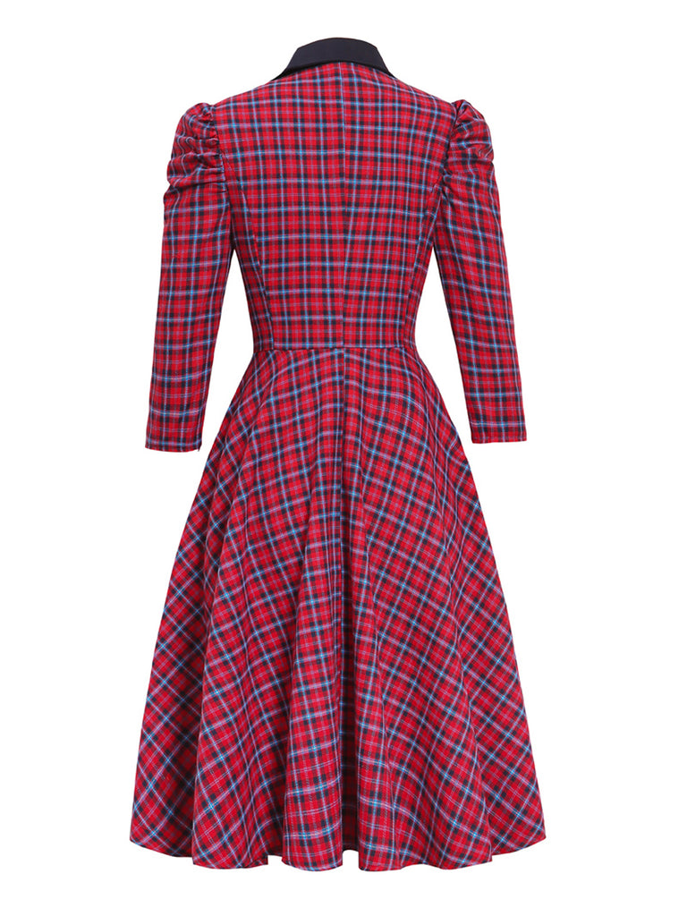 Red 1950s Plaid 3/4 Puff Sleeve Dress