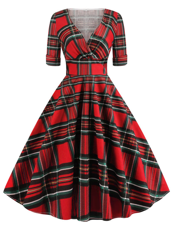 Red Tartan Plaid Swing Dress / Size S