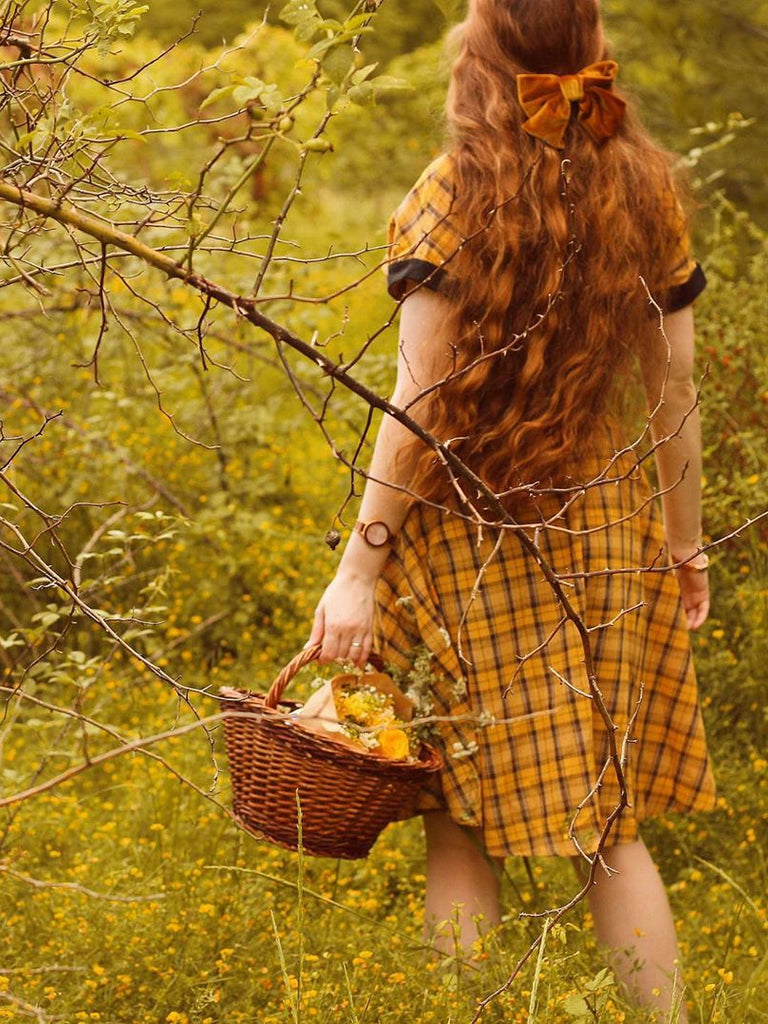 Mustard 1950s Plaid Belt Swing Dress