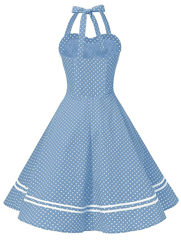 Blue 1950s Polka Dot Halter Swing Dress