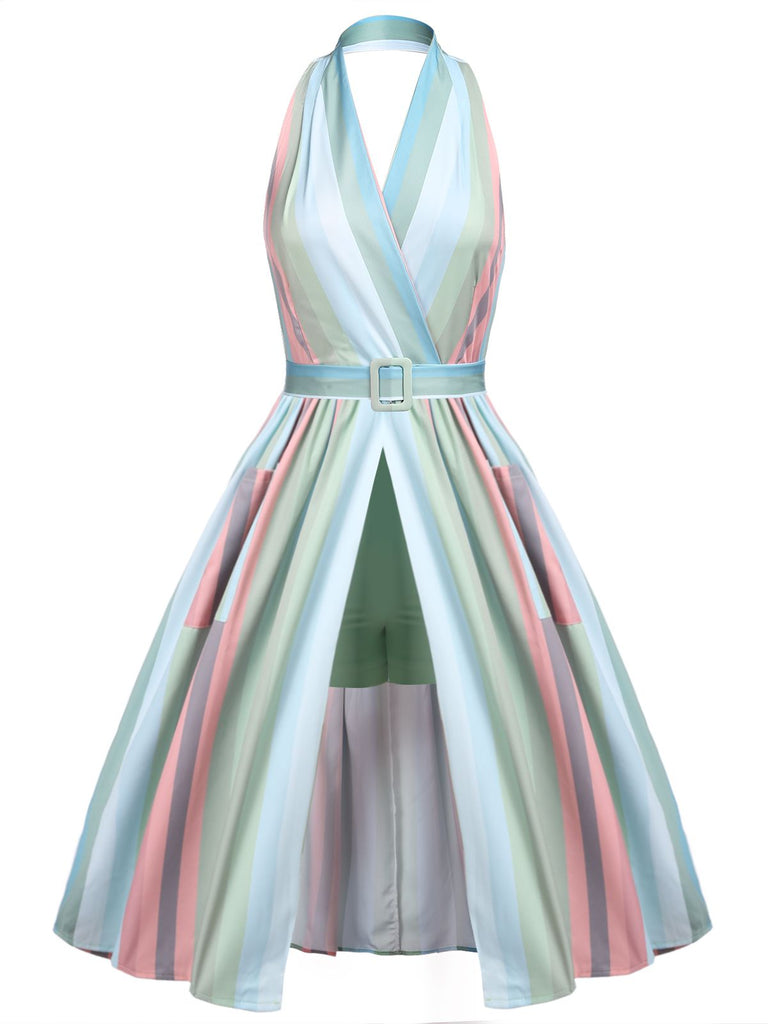 Rainbow 1950s Stripe Pocket Swing Dress