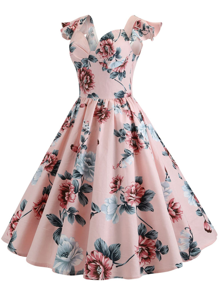 1950s Floral Flare Sleeve Swing Dress
