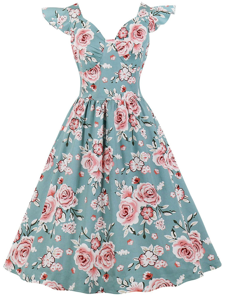 1950s Floral Flare Sleeve Swing Dress