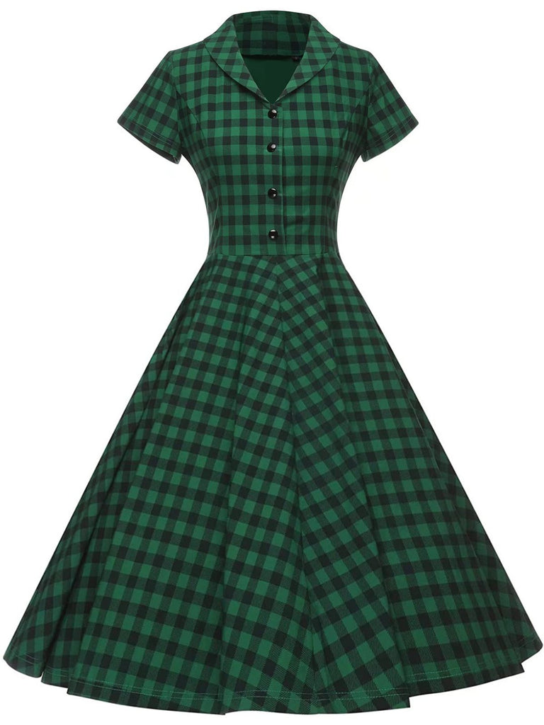 Green 1950s Plaid Button Swing Dress