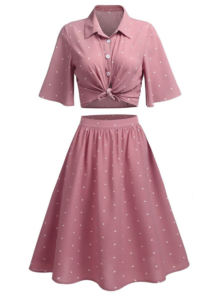 2PCS Pink 1950s Polka Dot Top & Skirt