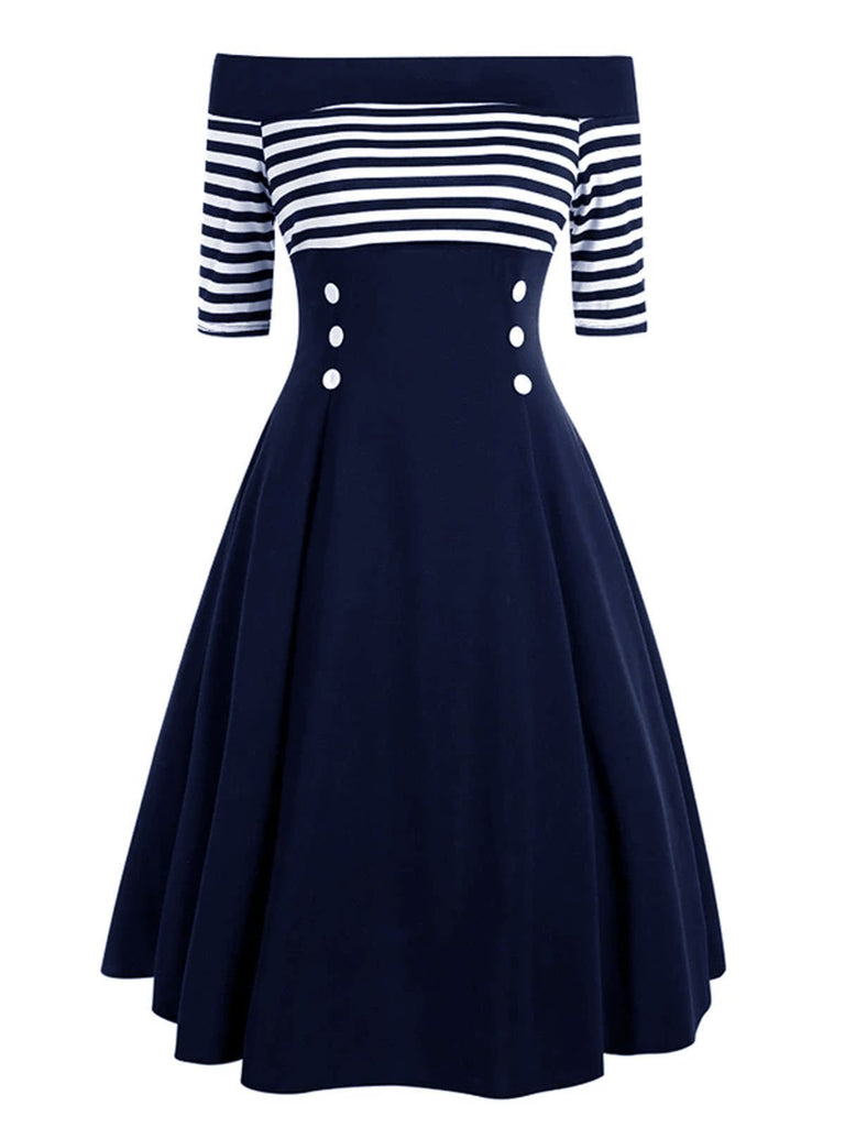 Navy 1950s Off Shoulder Swing Dress