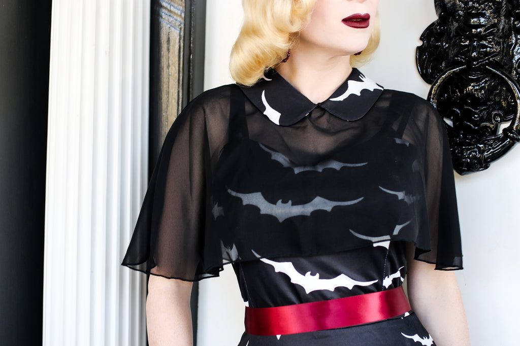 Black 1950s Bat Cape Swing Dress
