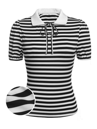 1950s Stripe Lapel Bow Knit Top