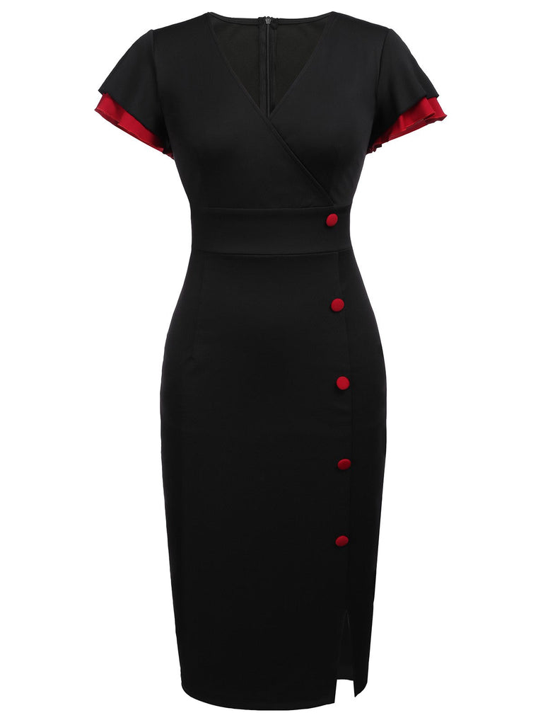 Black 1960s Button Slit Bodycon Dress