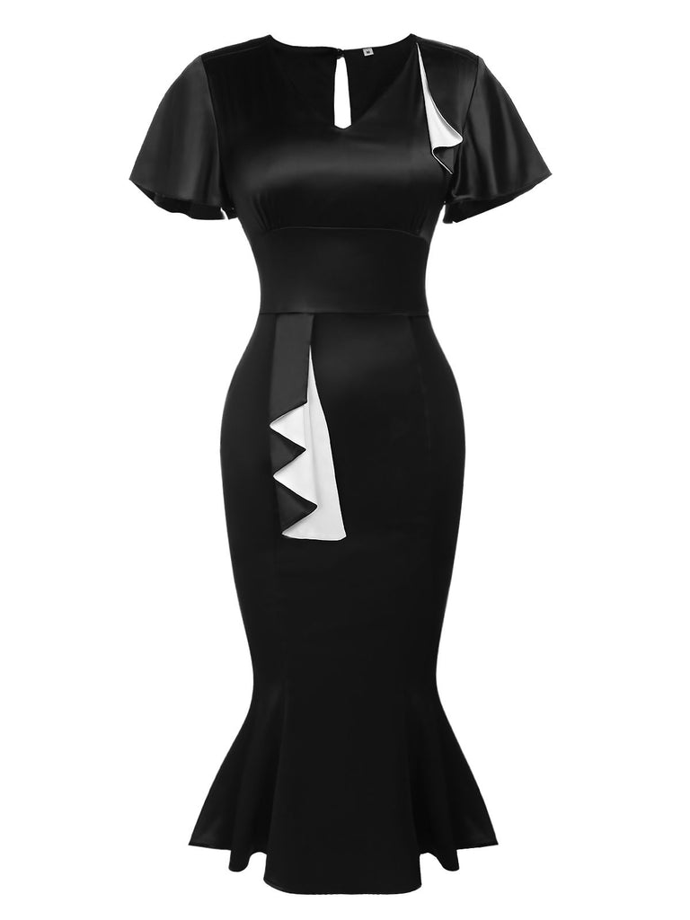 Black 1960s Patchwork Fishtail Bodycon Dress