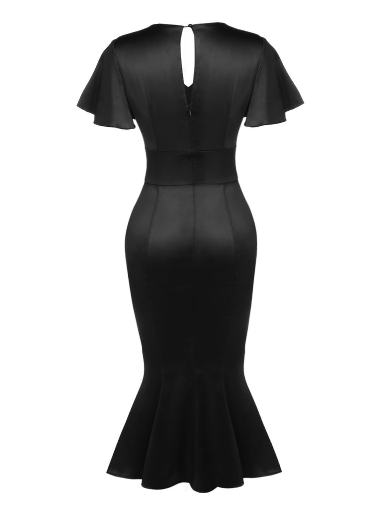 Black 1960s Patchwork Fishtail Bodycon Dress