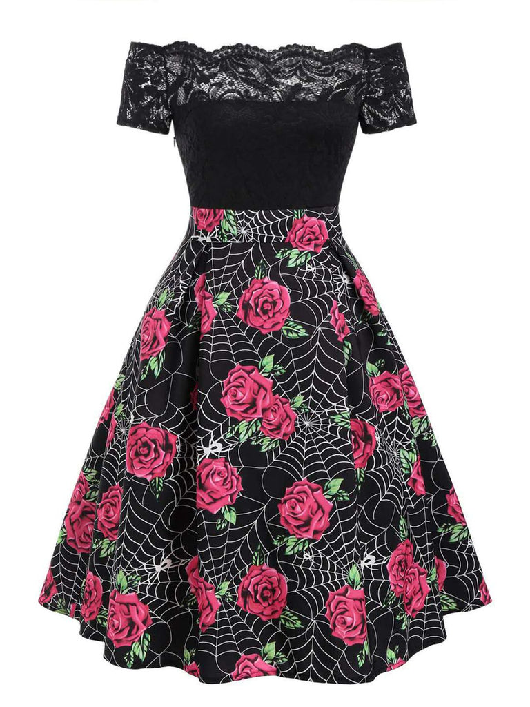 Black 1950s Rose Cobweb Costume Dress