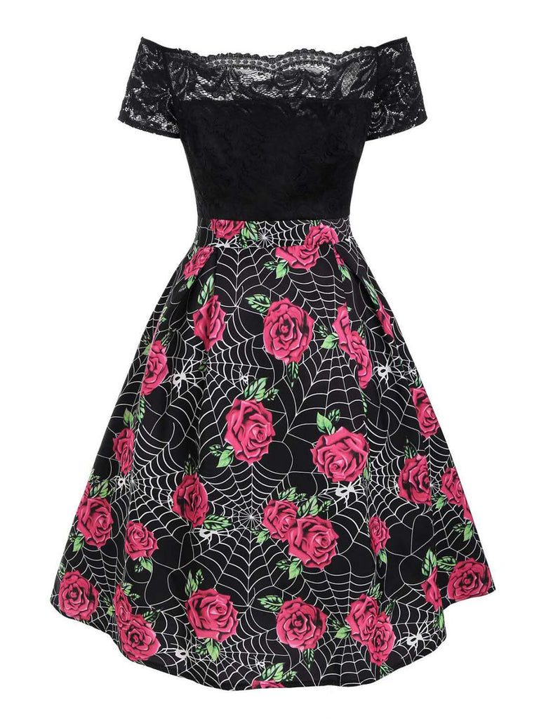Black 1950s Rose Cobweb Costume Dress