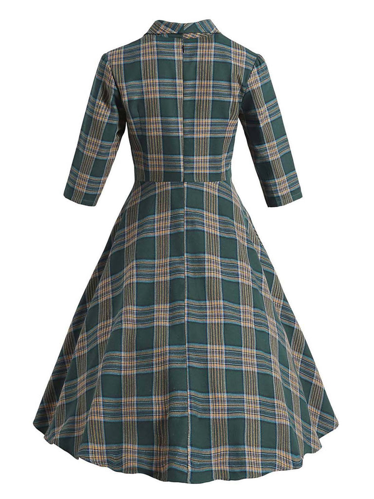 Green 1950s Plaid Button Swing Dress