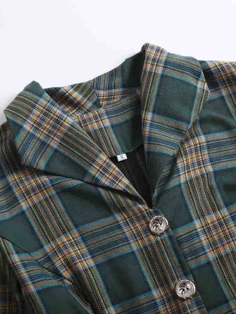 Green 1950s Plaid Button Swing Dress