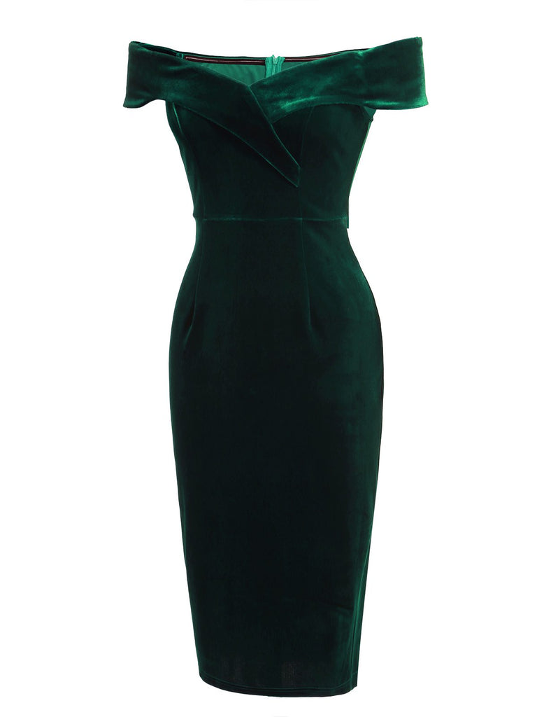 1960s Off Shoulder Velvet Bodycon Vintage Dress