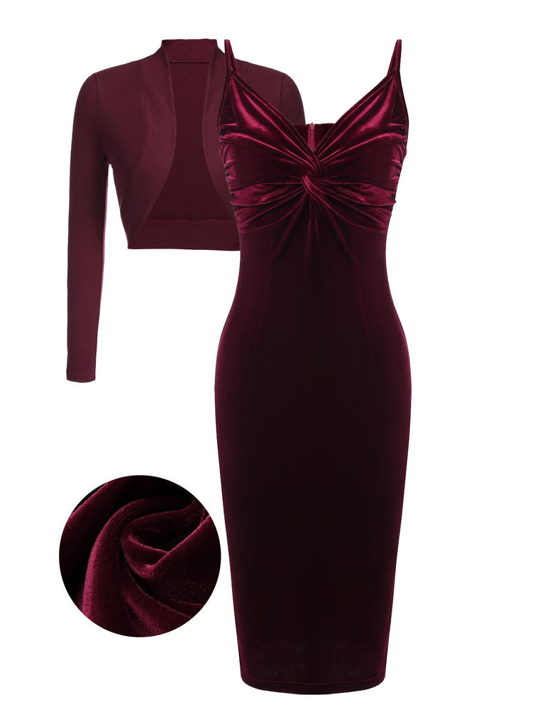 2PCS Wine Red 1960s Velvet Bodycon – Retro Stage - Chic Vintage Dresses and Accessories