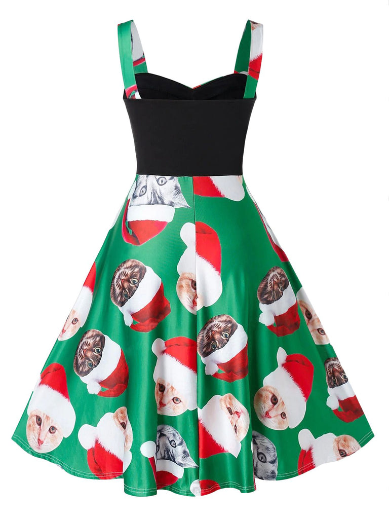 Green 1950s Christmas Cat Swing Dress
